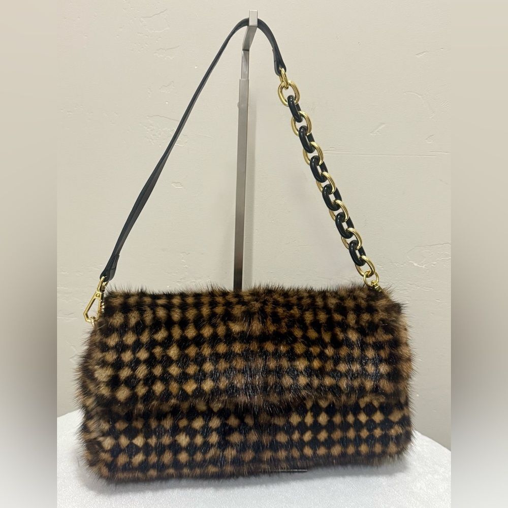 Checkboard Real Muskrat Fur Handmade Baguette Bag, Including 2 Strap Styles